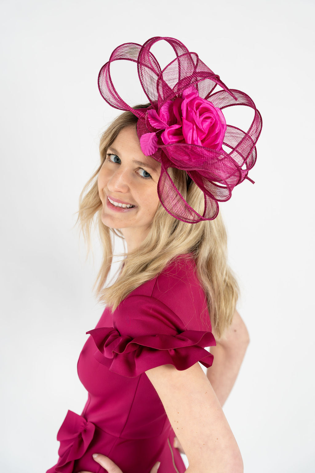 Headpiece with Swirl and Fabric Flower - Fuchsia/Pink
