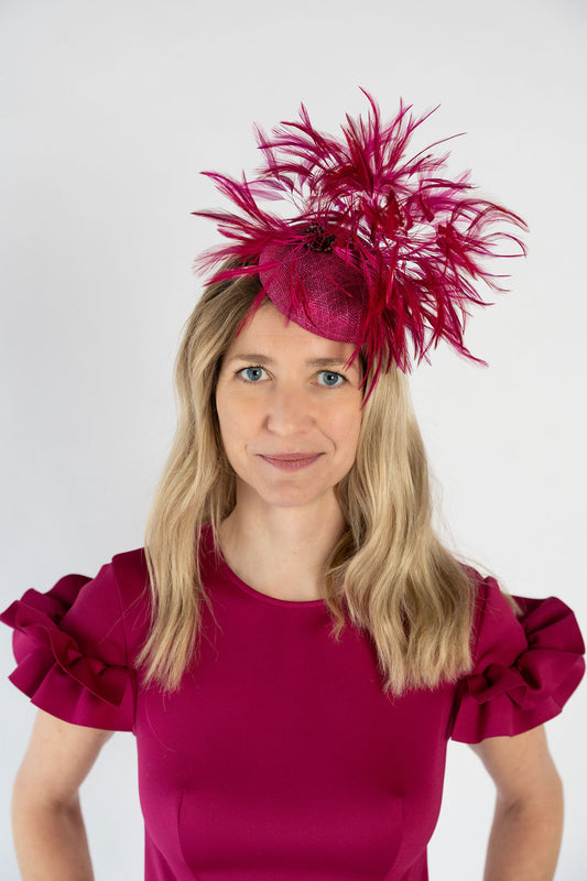 Headpiece with Feather Mount and Sparkle Detail - Fuchsia