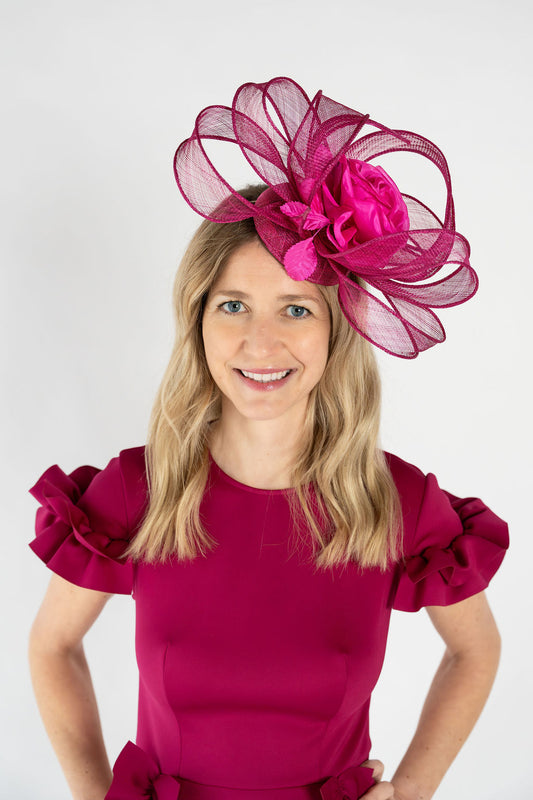 Headpiece with Swirl and Fabric Flower - Fuchsia/Pink