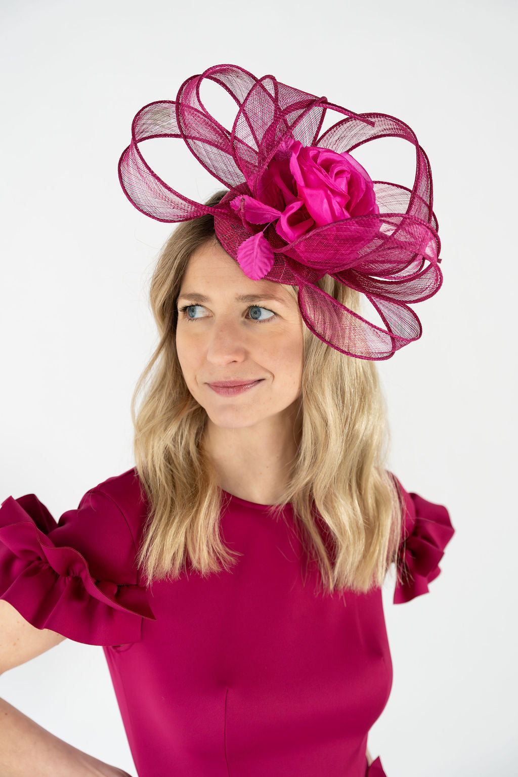Headpiece with Swirl and Fabric Flower - Fuchsia/Pink