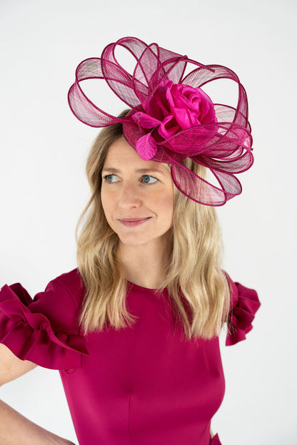 Headpiece with Swirl and Fabric Flower - Fuchsia/Pink