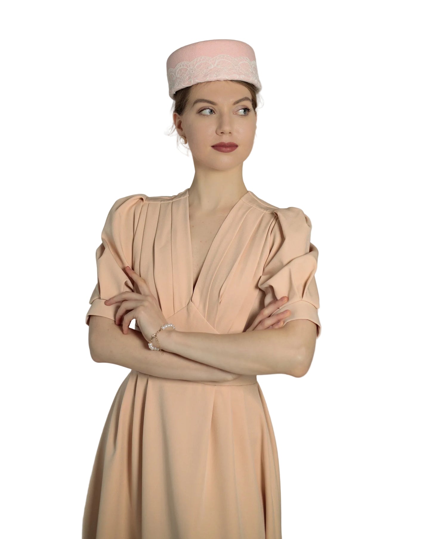 Wool Felt Pillbox Hat with Lace & Bow - Light Pink