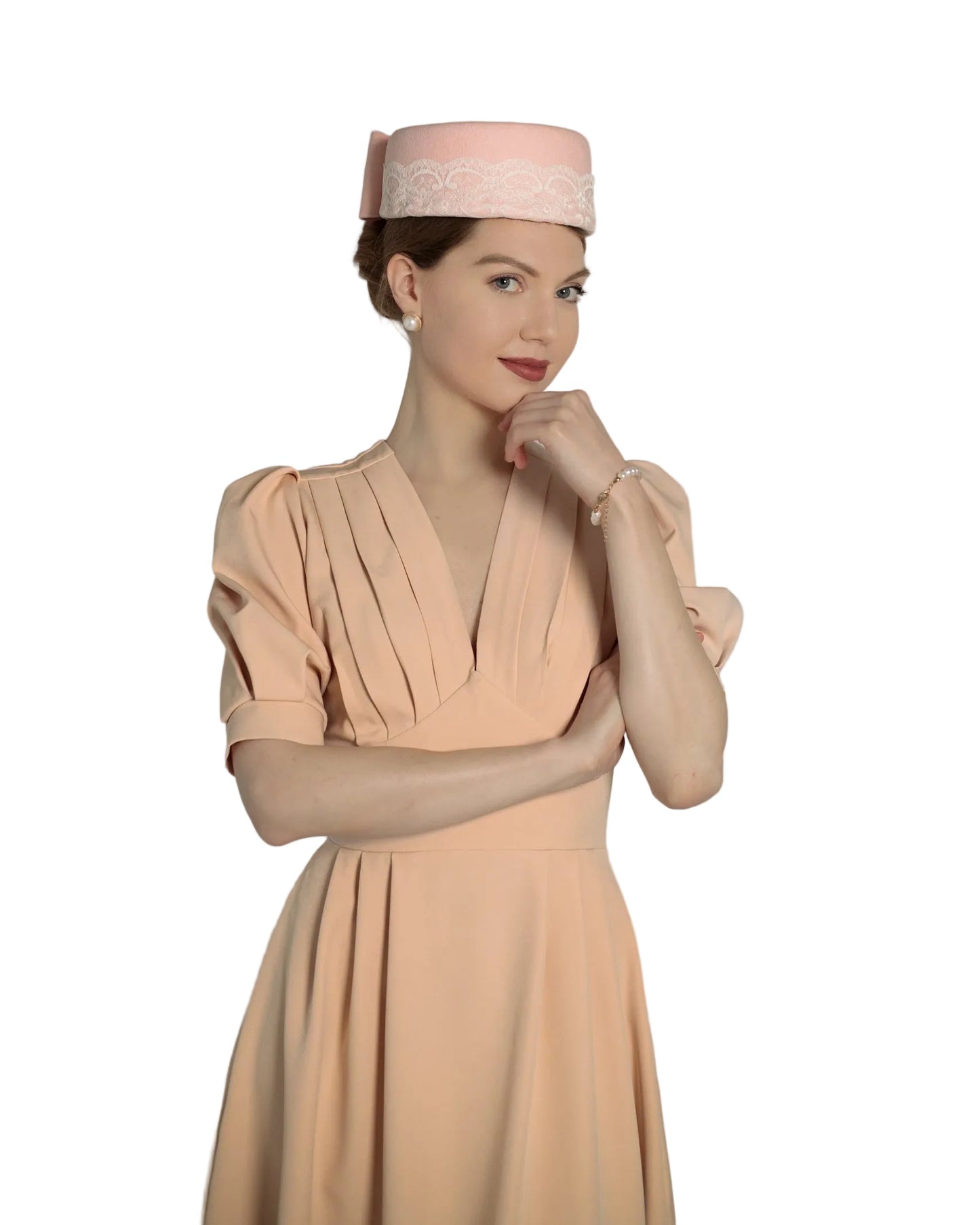 Wool Felt Pillbox Hat with Lace & Bow - Light Pink