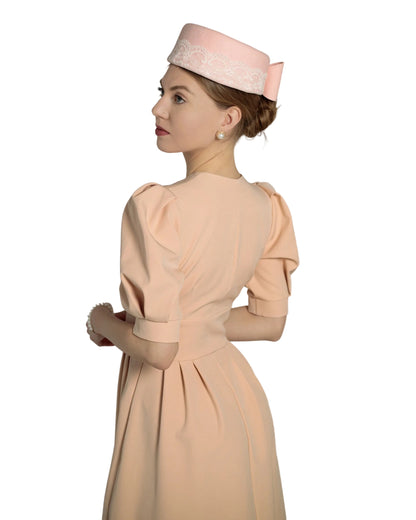 Wool Felt Pillbox Hat with Lace & Bow - Light Pink